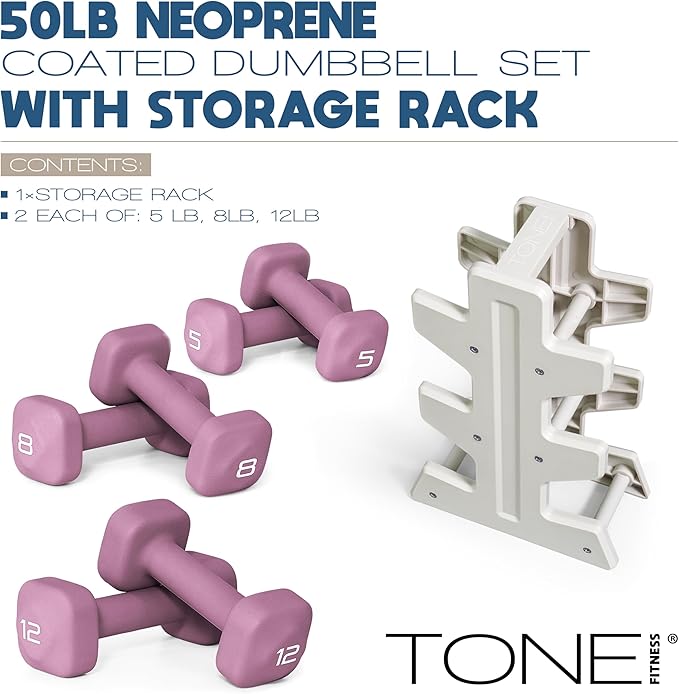 Tone Fitness Neoprene Dumbbell Set with Storage Rack – Non-Slip, Anti-Roll Hand Weights for Home Gym Workouts | 20 lb, 32 lb, & 50 lb Options