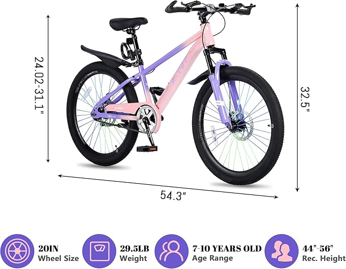 20/24 Inch Mountain Bike for Kids, Girls Boys Bikes Ages 8-12, Single Speed Mountain Bicycle with Suspension Fork, 20/24 Inch Bike Boys Girls Bicycles with Front and Rear Disc Brakes