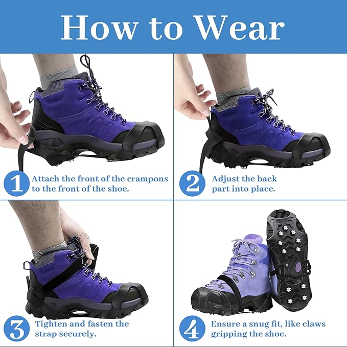 Ice Cleats for Shoes and Boots, Silicone Stainless Steel Snow Spikes for Shoes, Crampons Spikes for Ice Fishing Gear, Winter Climbing & Hiking Supplies