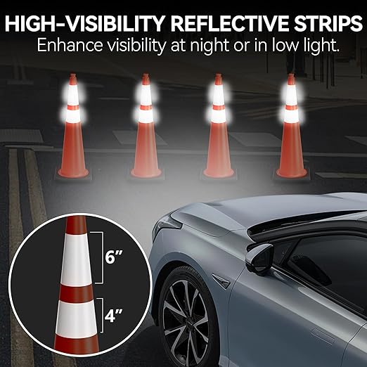 36 Inch Traffic Cones with Heavy Weighted Base (6 Pack) - Orange Safety Cones with Reflective Collars for Parking Lots, Road Construction, and Event Control