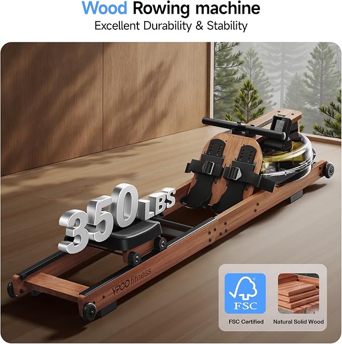 Water Rowing Machine for Home, Foldable Rower Machines with Comfortable Seat and Quick-Folding Design, Wooden Water Rower with 350LBS Weight Capacity