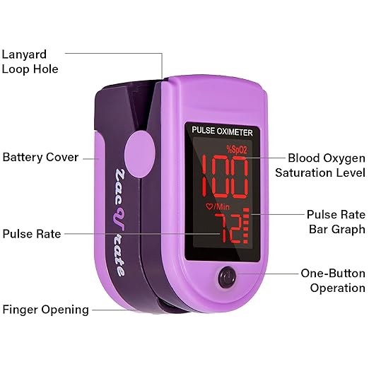 Zacurate Pro Series 500DL Fingertip Pulse Oximeter Blood Oxygen Saturation Monitor with Silicone Cover, Batteries and Lanyard