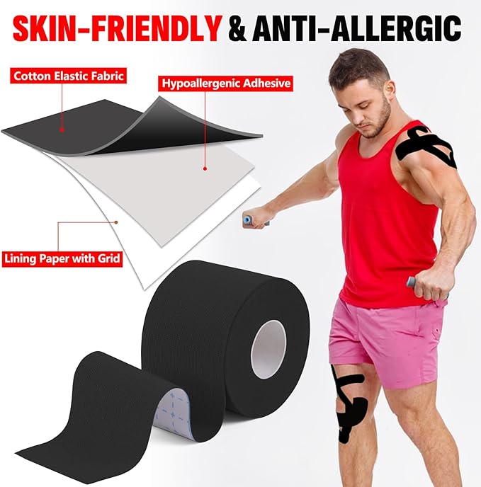16 Rolls Kinesiology Tape, 2 inch x 16.4 Feet Waterproof Athletic Tape, Uncut Kinetic Tape, Elastic Muscle Tape, Sports Tape, Knee Tape for Exercise and Daily Use - Black
