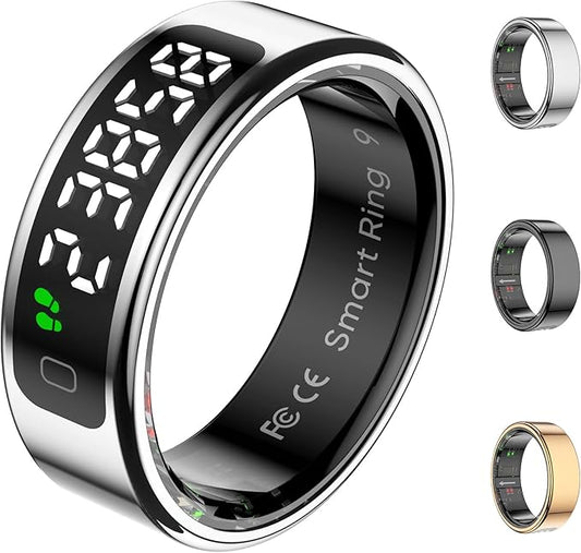 Smart Ring Health Tracker with Display Screen, Sleep Tracker with Heart Rate, Fitness Ring Step Tracker for Activity Monitoring/Steps/Calories,Wireless Charging, for iOS Android (Silver,12#)
