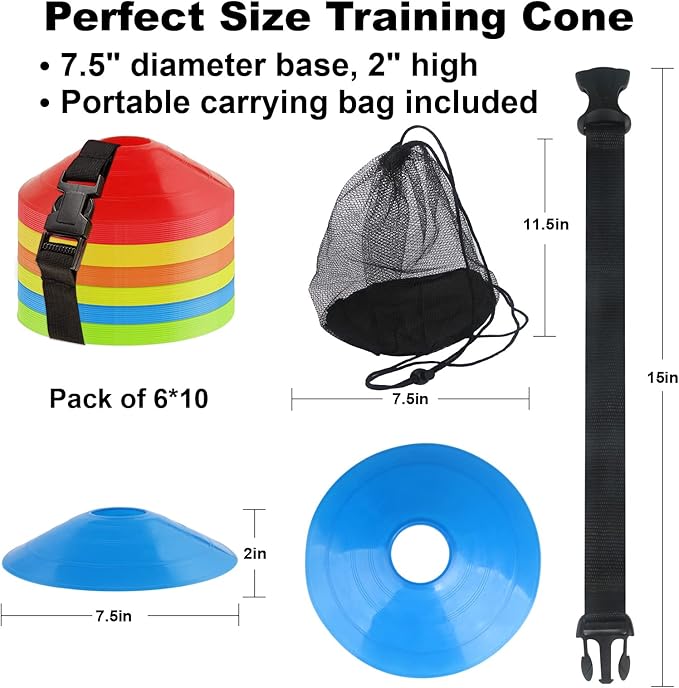 60PCS Soccer Cones with Strap Carry Bag Agility Disc Cones Soccer Training Cones, Field Marker Sport Training Cones for Challenge Football Basketball Skating Kids Games Outdoor Indoor