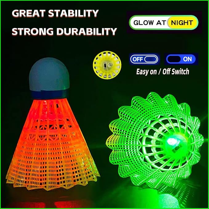 LED Badminton Birdies 4/5/6 PCS,Nylon Glow in The Dark Badminton Shuttlecocks,Goose Feather Colourful Lighting Birdies, Plastic Light Up Birdie Balls for Indoor Outdoor Sports Activities