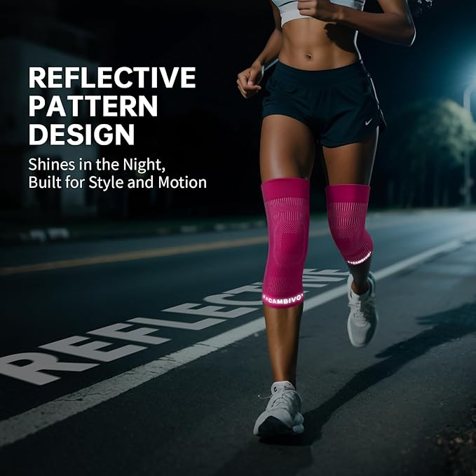 CAMBIVO Elite Motion Series Knee Brace for Women and Men (2 Pack), Ultra-Thin Lightweight Knee Compression Sleeve with Reflective Design for Pain Relief, Running, Workouts, Daily Use (Hot Pink, Large)