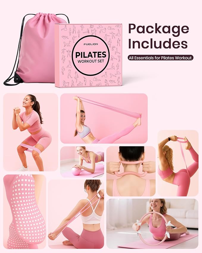 Pilates Ring Set for Women, Home Workout Pilates Equipment with Resistance Bands, 14'' Magic Circle, Mini Ball, Pilates Starter Kit for Strength, Toning and Flexibility, Workout Guide Included