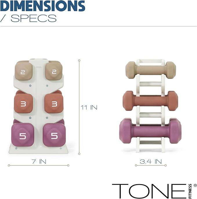 Tone Fitness Neoprene Dumbbell Set with Storage Rack – Non-Slip, Anti-Roll Hand Weights for Home Gym Workouts | 20 lb, 32 lb, & 50 lb Options
