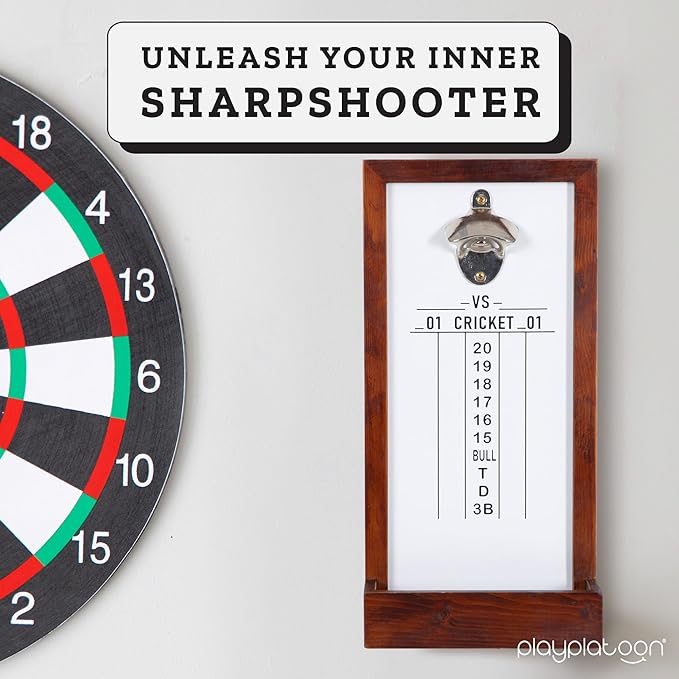 Play Platoon Dart Scoreboard & Darts Holder Wall Mount with Bottle Opener - Wood Score Board, Professional Darts Accessories, Dart Holder