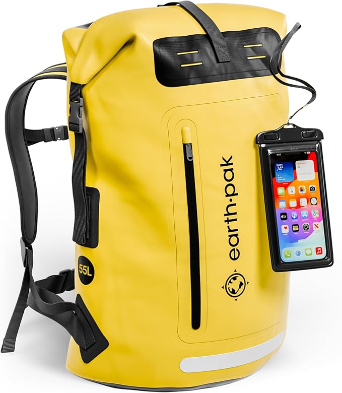 Earth Pak Waterproof Backpack - Heavy Duty Hiking Backpack - Roll-Top Closure Bag - Cushioned Dry Bag Waterproof Phone Case