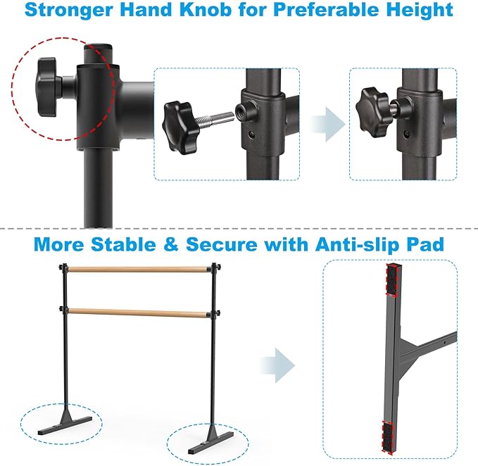 4FT/5FT/6FT Height Adjustable Freestanding Ballet Barre with Fabric Sleeve Portable Double Ballet Bar 350 lbs Capacity Heavy Duty Dance Barre for Home Workout, Stretch