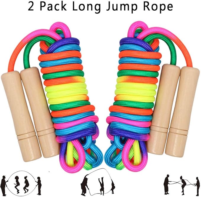 16 FT Long Jump Rope for Kids, 2 Pack Adjustable Double Dutch Skipping Rope with Wooden Handle, Multiplayer Rainbow Jumping Rope for Outdoor Fun, School Sport, Party Game