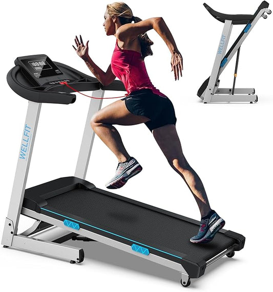 WELLFIT TM007 Auto Incline Treadmill, 4.0HP Heavyduty Treadmill for 400lbs+ Capacity, Adjustable Height for 5'2"- 6'4" Users, 95% Assembled, LED Console, 45*18 Large Area, 8.7MPH, Foldable Space Saver