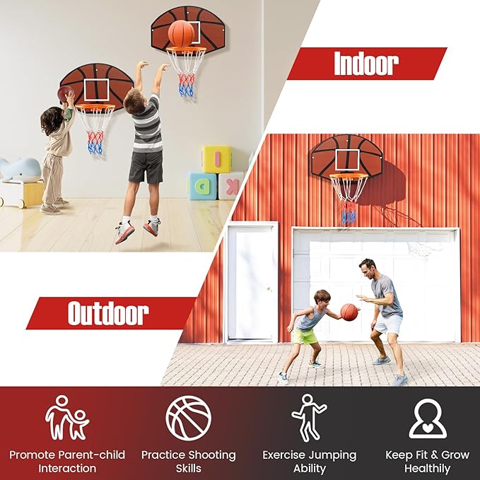 GYMAX Mini Basketball Hoop, Portable Wall Mounted Basketball Hoop with Shatterproof Backboard & All Weather Net, Mounting Hardware Included, Indoor Outdoor Basketball Goal for Kids, Teenagers, Adults