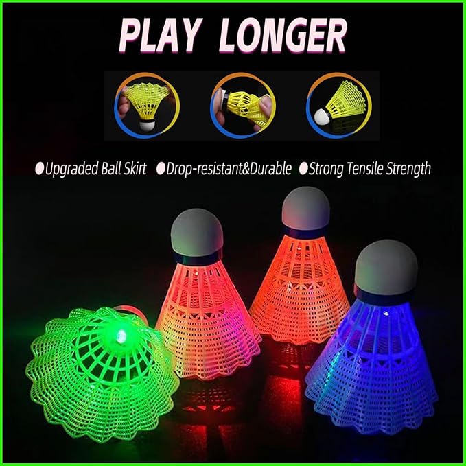 LED Badminton Birdies 4/5/6 PCS,Nylon Glow in The Dark Badminton Shuttlecocks,Goose Feather Colourful Lighting Birdies, Plastic Light Up Birdie Balls for Indoor Outdoor Sports Activities