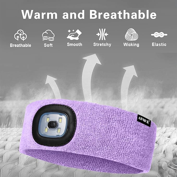 ATNKE 4 LED Lighted Sport Sweatband,USB Rechargeable Running Head Band Lamp High Stretch Wicking Gifts for Men and Women