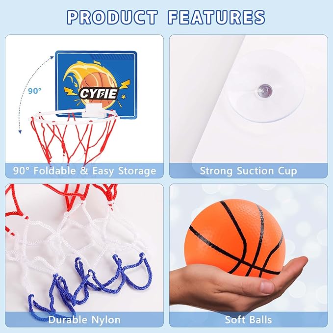 CYFIE Mini Basketball Hoop for Toddler Kids, Indoor Suction Cup Basketball Hoop with 3 Balls for Bath, Bedroom, Office Door, Fun Sports Toy for Boys Girls