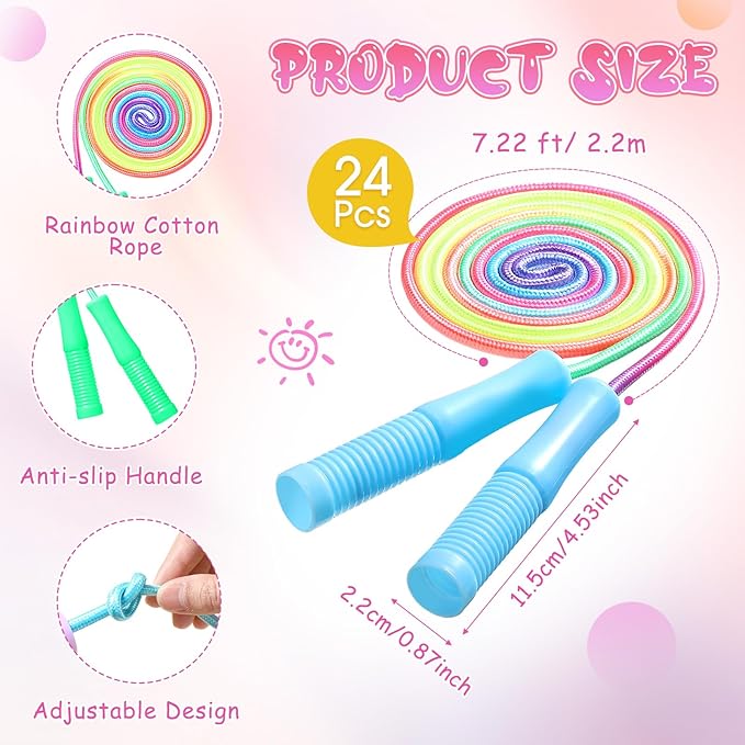 24 pcs Jump Rope Bulk for Kids 7.22 ft Adjustable Gradient Rainbow Color Skipping Rope Outdoor Exercise Fitness Equipment for Back to School Class Playground Activities Set