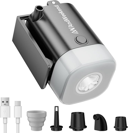 THE WEEKEND Portable Air Pump for Inflatables with Camping Lantern,3kPa Tiny Air Mattress Pump with 2000mAh Rechargeable Battery,Inflate Deflate for Sleeping Pads Pool Floats Inflatable Toys (Black)