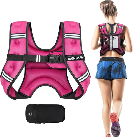 BAGAIL Weighted Vest, 5lbs/8lbs/10lbs/12lbs/15lbs/20lbs/25lbs/30lbs Weight Vest with Detachable Phone Pouch, Rucking Vest for Women, Men, Walking, Weight Loss, Training, Running