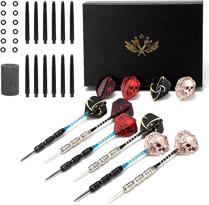 Darts Metal Tip Set Professional Metal Darts for Dartboard Steel Tip Darts with Nonslip Iron Barrel Aluminum Dart Shafts,Extra Flights,Dart Sharpener,Gift Box