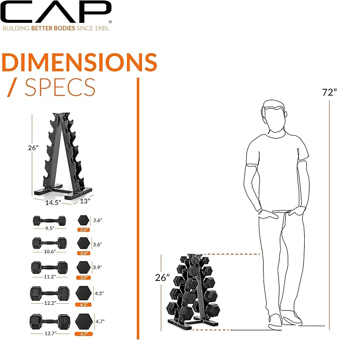 CAP Barbell Rubber Coated Dumbbell Weight Set with Vertical Rack | 100 lb, 150 lb, and 210 lb Options