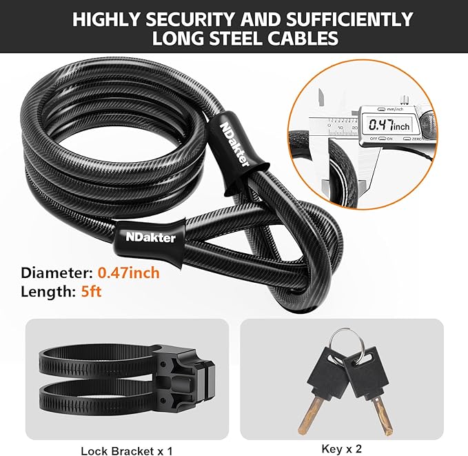 NDakter Bike Locks Heavy Duty Anti Theft，18mm Bicycle Combo U Lock with 5FT Cable, 4-Digit Resettable Combination Electric Scooter Lock with 2Keys and Bracket for Tricycle, Moped, Motorcycle (Orange)
