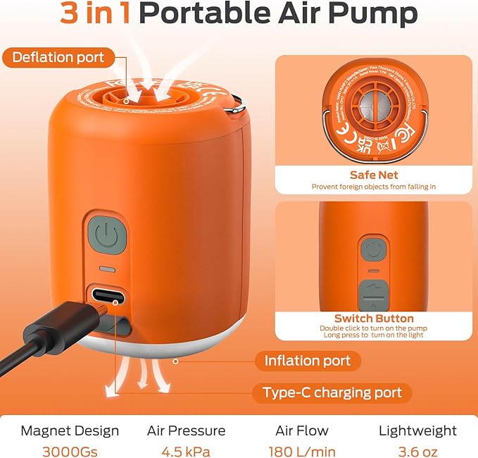 Sportneer Mini Air Pump: 1600mAh Rechargeable Air Pump for Inflatables with Hook, Magnetic and Light Function, Air Mattress Pump for Pool Floats, Sleeping Pads, Swimming Ring, Vacuum Storage Bags