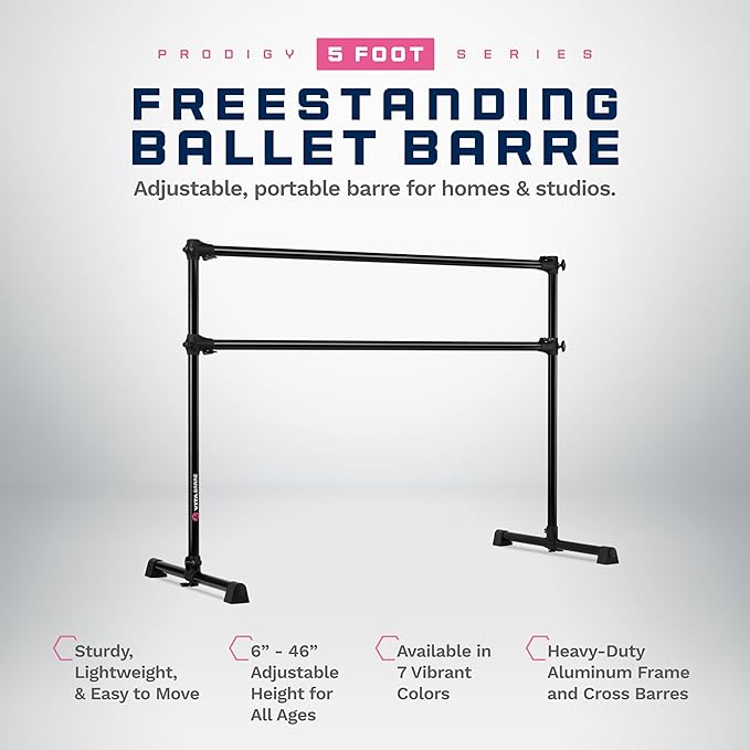 VITA Barre Portable Freestanding Double Ballet Barre, Prodigy, Aluminum | Adjustable Height, USA Made, Home or Gym Exercise Equipment for Kids & Adults | Dance, Fitness, Pilates