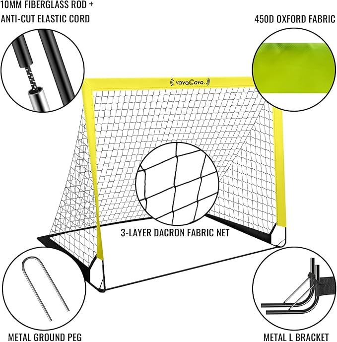 VavaCava 4'x3' Size Portable Soccer Goals Set for Backyard Fun, 2 Nets, 2 Size 3 Balls, 10 Marker Cones, Pump and Carry Bag, Outdoor Games for Backyard, Beach, Lawn, Kids Soccer Training Equipment