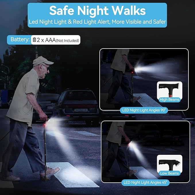 AGPTEK Folding Walking Cane for Women & Men, Adjustable Walking Stick with LED Light and Manual Alarm for Seniors & Adults, Heavy Duty Collapsible Cane with Quad & Tip Base