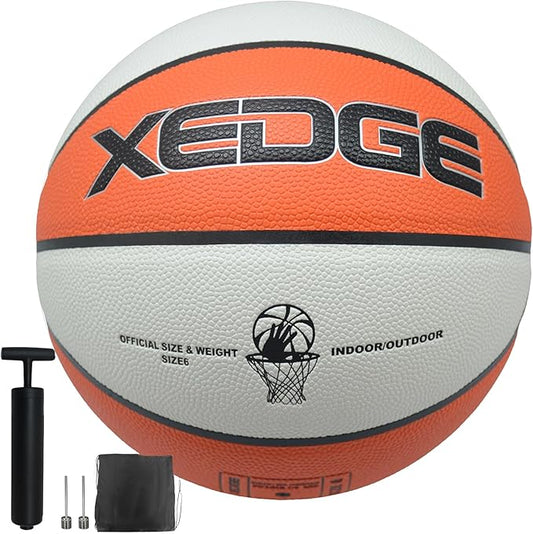 XEDGE Basketball 28.5” Size 6 Indoor Outdoor Leather Basketball Set