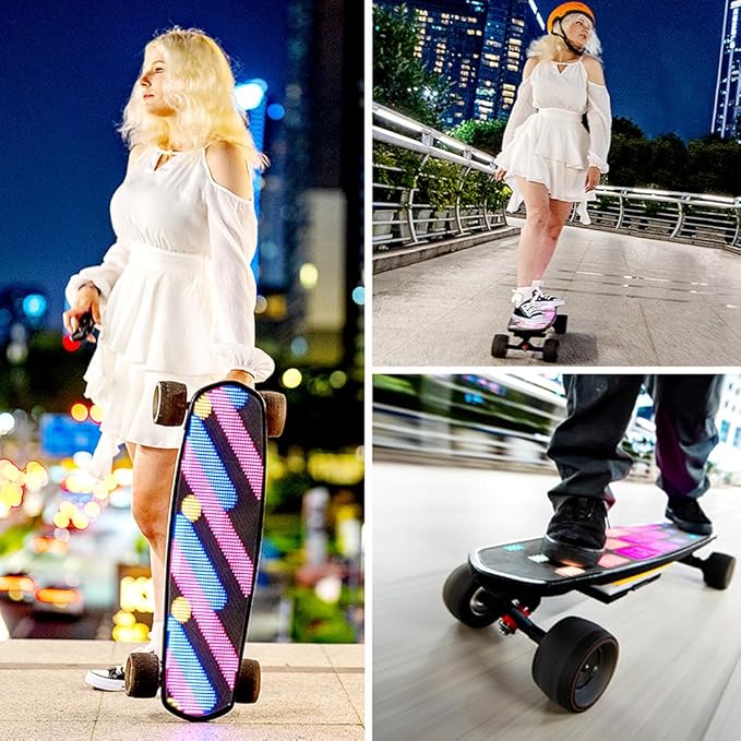 Pixel Mini Electric Skateboard with Remote, 2 × 600W Motors, 28Mph Top Speed, 4 Speed Smooth Braking, Suitable for Adults and Teens Beginners, LED Screen Electric Skateboards