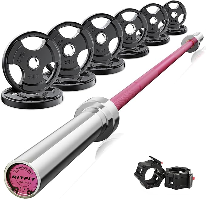 RitFit Barbell Weight Set - 4/6FT Olympic Barbell with Weight Plates (55-275LB Total) - Weightlifting Equipment for Squats, Curls, Deadlifts, Presses, Hip Thrusts