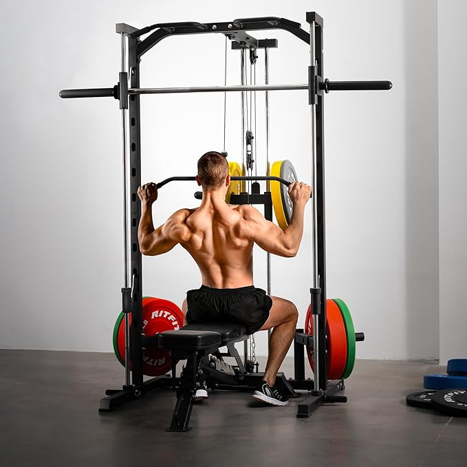 RitFit Smith Machine Power Rack with LAT-Pull Down System, Landmine, Barbell Bar, Plate Storage Pegs and More Training Attachment