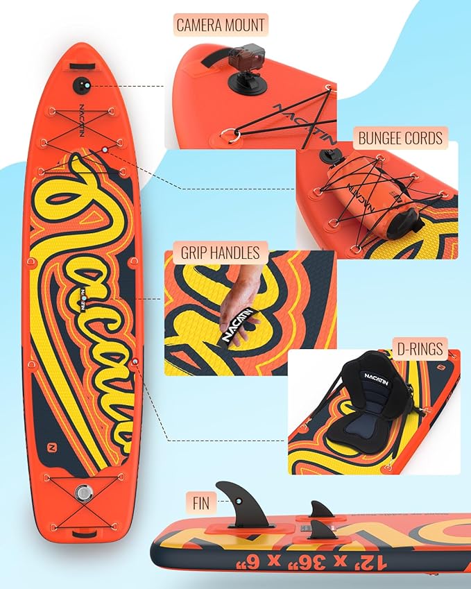 Inflatable Stand Up Paddle Board 12' with Kayak Seat & Dual Paddles – Premium SUP Board for Adults & Families Includes Kayak Conversion Kit, Pump, Leash & Accessories – Stable Wide Deck for Beginners