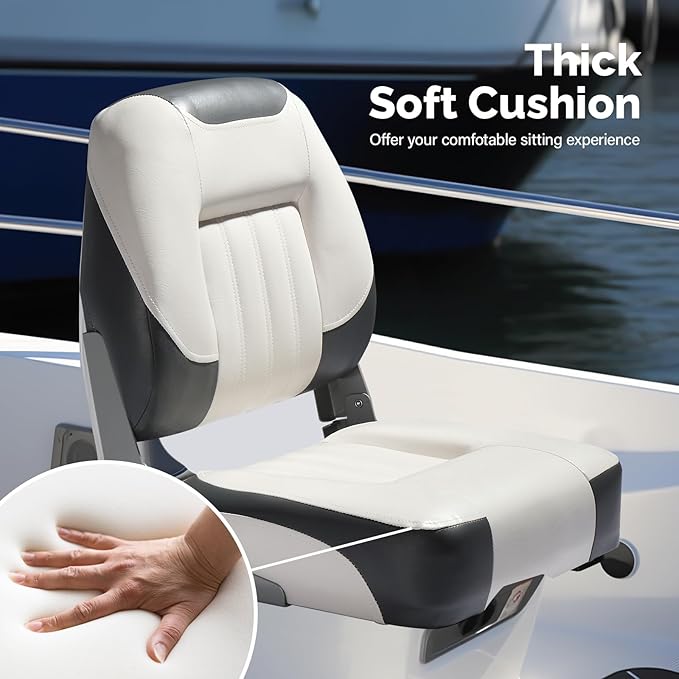 PEXMOR Boat Seats Low/High Back, Folding Boat Seat Included, Fold-Down Fishing Boat Seats Waterproof Captain Boat Seat w/Aluminum Hinges & Thick Soft Cushion, 2 Packs (Low Back-Grey & White)