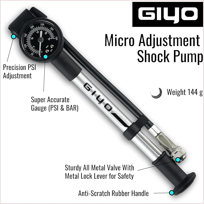 GIYO High Pressure Shock Pump (350 PSI) – Strong Lever Lock for No Air Loss, Aluminum Barrel, 1.5" Dial Gauge, Micro-Adjust Bleeder, 360° Rotating Hose, Taiwan-Made