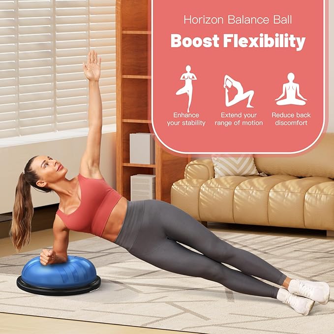 BODYRHYTHM 2 IN 1 Balance Ball & Plank Board Trainer with Free iOS/Android App & 4 Free Games for Full Body Workout - Half Exercise Yoga Ball Trainer with 2 Bands & Pump for Strength Training