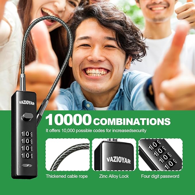 Cable Locks with Combination,Bicycle Lock, Suitcases Lock,Comes with 3 Different Lengths of Cables, Reconfigurable 4-Digit Password Lock,Zinc Alloy Reinforced Lock Body (Black)