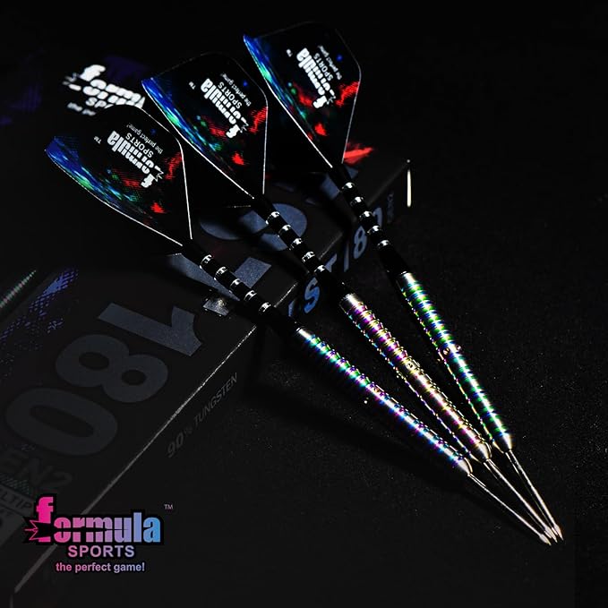 Formula Sports 90% Tungsten Steel Tip Darts Set - Professional Darts Metal Tip Set Available in 21g/22g/23g/24g, with Aluminum Shafts, Tungsten Barrels, Extra Flights, Sharpener, Carrying Case