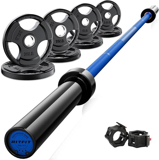 RitFit Barbell Weight Set - 4/6FT Olympic Barbell with Weight Plates (55-275LB Total) - Weightlifting Equipment for Squats, Curls, Deadlifts, Presses, Hip Thrusts