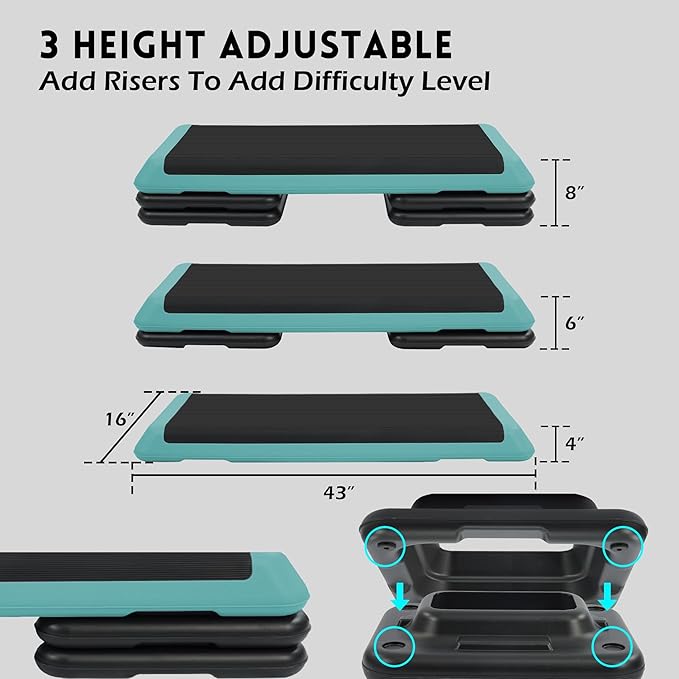 Fitvids Step Aerobic Platform, Exercise Step with 5 levels Adjustable Height, 4 Stackable Risers, Fitness Training Workout Stepper for Home Gym, Cardio Strength, Multiple Options