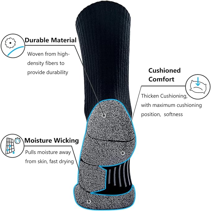 CWVLC Crew Hiking Socks, Cushion, Moisture Wicking, Arch Compression Boot Socks