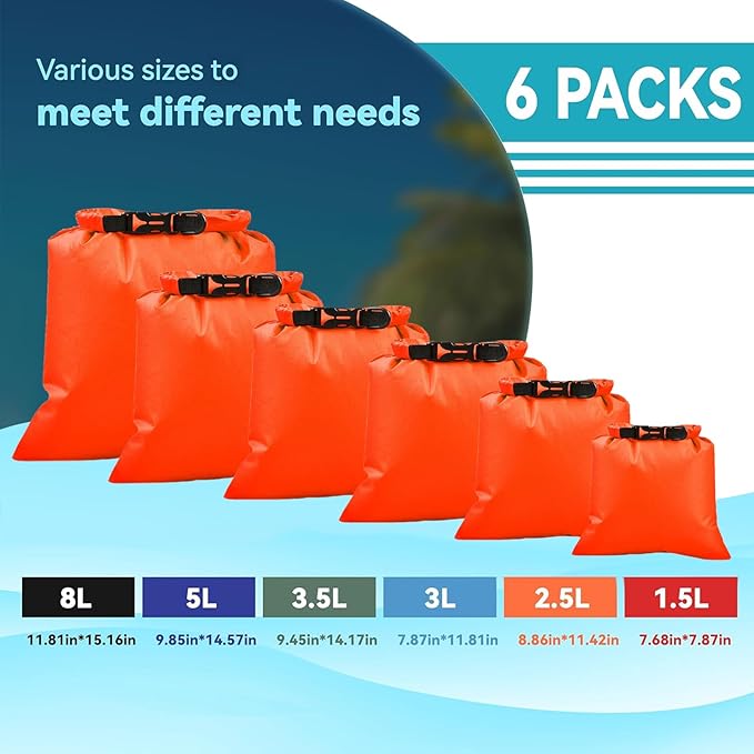 6PCS Dry Bags Waterproof, Lightweight Dry Bags for Kayaking Waterproof，Outdoor Waterproof Bag for Kayaking Hiking Boating Camping