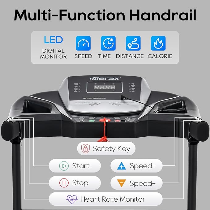 Merax Electric Folding Treadmills for Home 3 Level Incline Treadmill with Pulse Sensors, 2.5 HP Quiet Brushless with USB Charge Station, 7.5 MPH, 300 lbs Capacity
