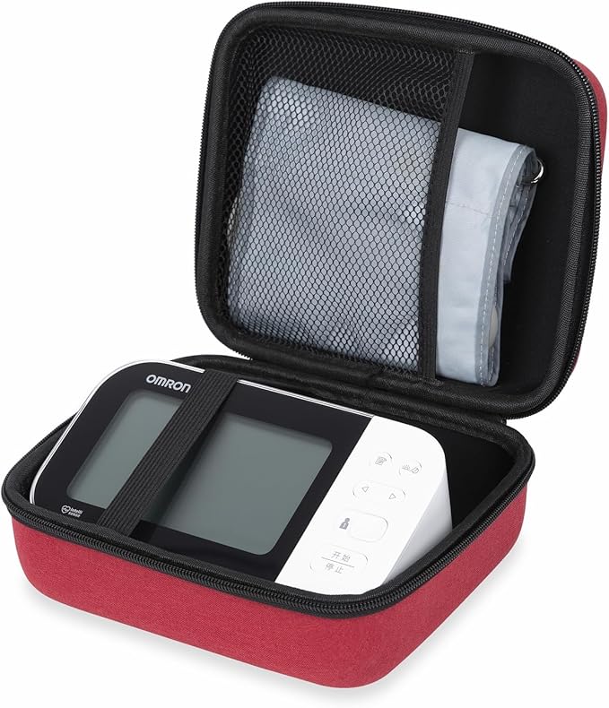 Ginsco Universal Hard Shell Case for Blood Pressure Monitor, Compatible with Omron Platinum/Gold, Portable Carrying Travel Case with Handle, Mesh Pocket for Cuff/Batteries/Charger (Red, L)