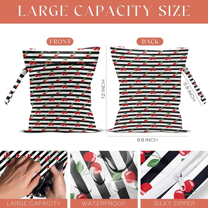 4 Pack Cute Checkered Stripe Cherry Wet Bag Waterproof Washable Reusable Wet Dry Bag for Swimsuit Bathing Dirty Clothes Cloth Diaper Travel Beach Pool Yoga Gym Toiletries Travel Beach Essentials