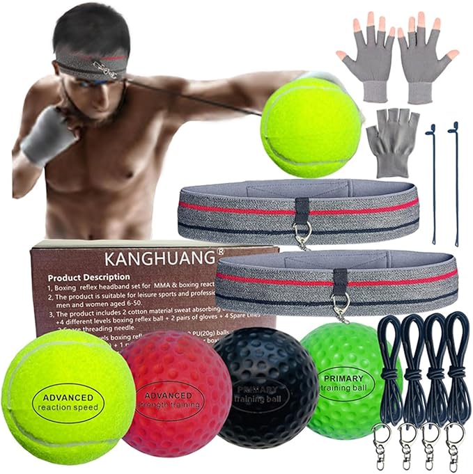 Boxing Balls Head Band Set for MMA Boxing Reaction Training 4 Different Balls+2 Sweat Absorbing Head Bands+4 Spare Lines+2 Gloves for All People
